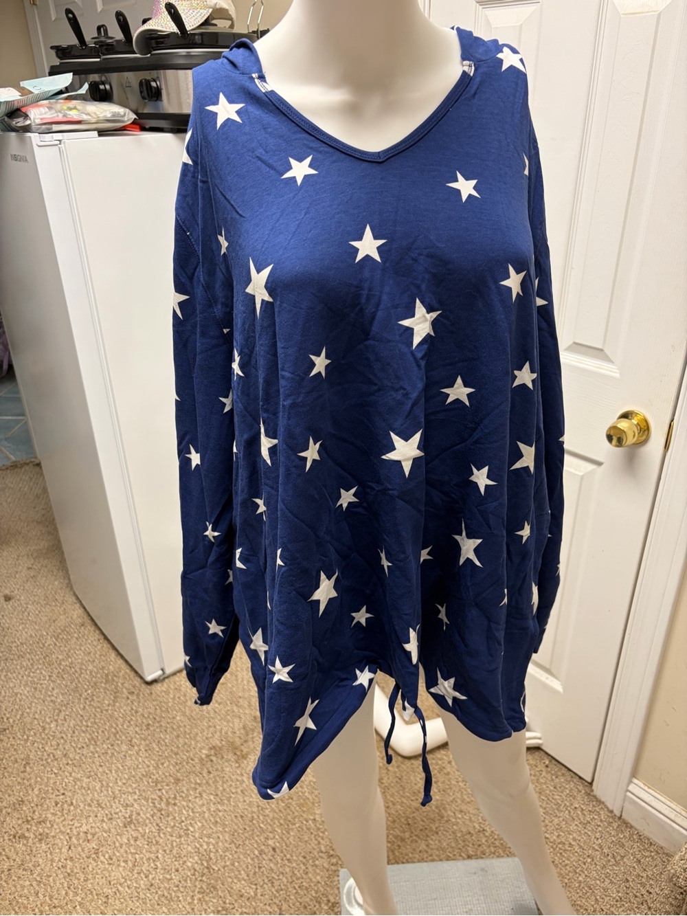 Women's Blue Star Print V-Neck Long Sleeve Top Size 2X